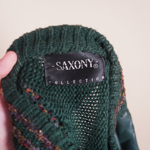 Vintage Saxony Mens 80s 3D knit Leather bomber Coogie Style Sweater Large Cosby - Picture 8 of 10